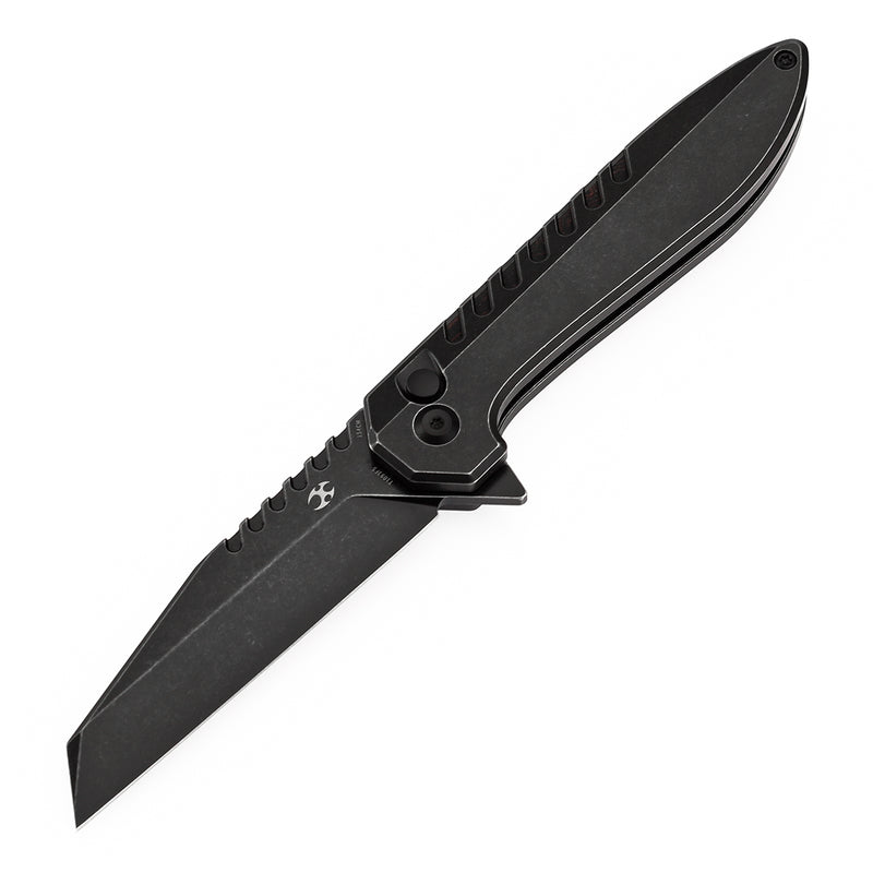 KANSEPT Kosame Button Lock Blackwash Titanium with Black & Red G-mascus (3.37" 154CM Blade) with EI Spade Design-T1093F5