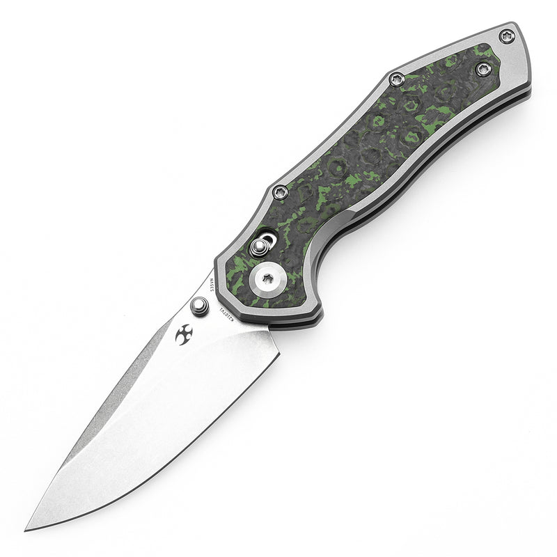 KANSEPT Apollo Cross Bar Lock Stonewashed Titanium and Jungle Wear Fatcarbon Handle (3.11“ CPM S35VN Blade) with War Blades Design-K2107V1