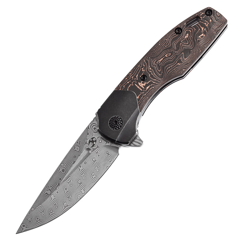KANSEPT Cassowary Flipper Black Stonewashed Titanium and Copper Carbon Fiber Handle (2.9''Damascus Blade ) Koch Tools Design -K2065B5