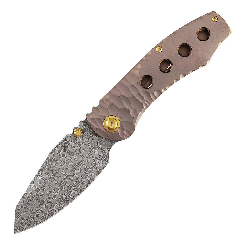 Kansept Caveman | Frame Lock | Rose Gold Anodized and Stonewashed Titanium with CNC-machined Rock Pattern | 3.57" Damascus Blade |  Jesse Pauley Designed | K1110A6