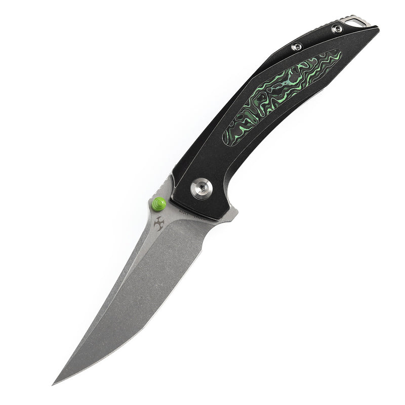 KANSEPT Baku Flipper/Thumb Hole Knife Titanium + Green Carbon Fiber Inlay Handle (3.2'' CPM-S35VN Blade) Sparrow Knife Co Design -K1056A7