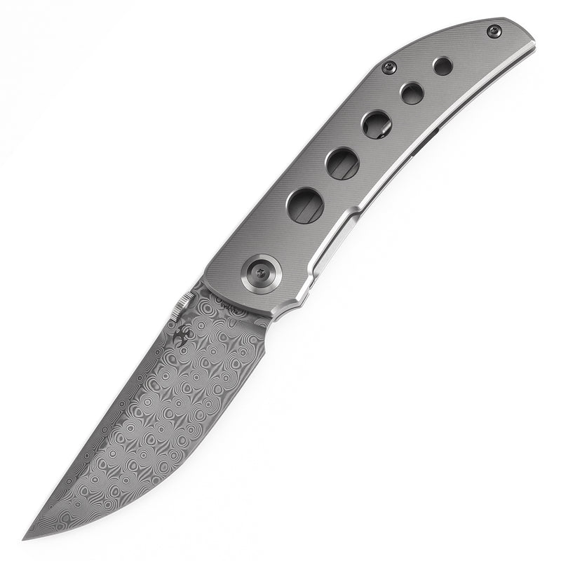 KANSEPT Tarkin Frame Lock Knife Bead Blasted Titanium with Holes Handle (3.36'' Damascus Blade) Matthew Christensen Design - K1078A5