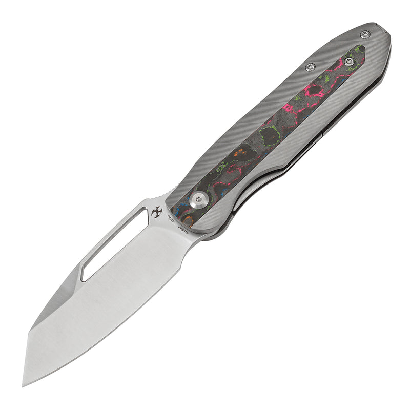 KANSEPT Thunderhead Thumb Hole Stonewashed Titanium with 80S Camo Carbon Fiber Inlay Handle (3.58" CPM S35VN Blade) with K.C. Spiron Design-K1106A4