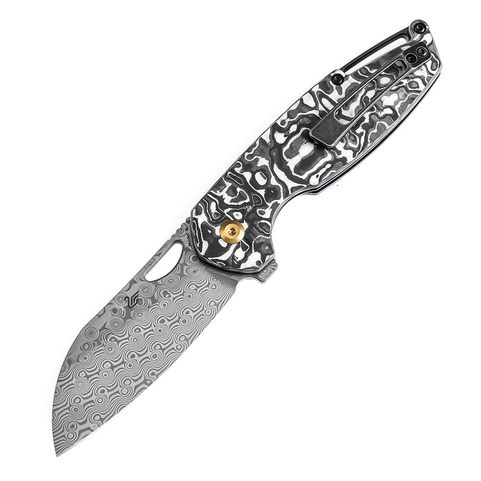 KANSEPT Model 6 Left-handed Flipper/Thumb Hole Knife Black White Carbon Fiber Handle (3.1'' Damascus Blade) -K1022L1
