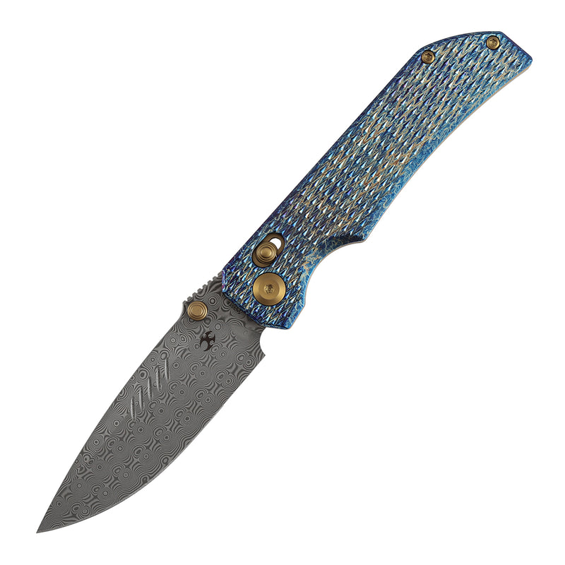 【Preorder】Ship by Dec 10th-KANSEPT Eaglestrike Crossbar Lock Knife Lightning Strike Finish Titanium with Diamond Pattern Handle(3.73'' Damascus Blade) James Lowe Design-K1095V5