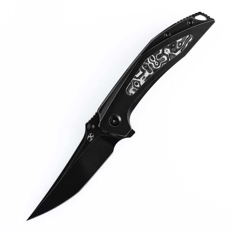 KANSEPT Baku Flipper/Thumb Hole Knife Titanium + Black White Carbon Fiber Inlay Handle (3.2'' CPM-S35VN Blade) Sparrow Knife Co Design -K1056A6