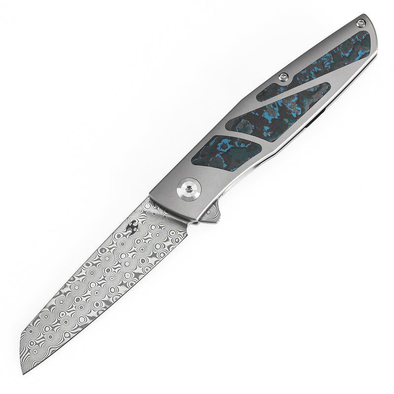 KANSEPT Cru Flipper Knife Plain Titanium & Artic Storm Fatcarbon Handle(3.46''Damascus Blade) Villella Knives Design-K1092A3