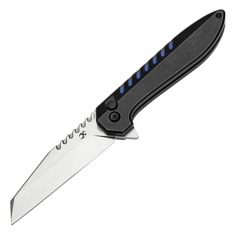 KANSEPT Kosame Button Lock Blackwash Titanium with Blue G10 Inlay (3.37" 154CM Blade) with EI Spade Design-T1093F4