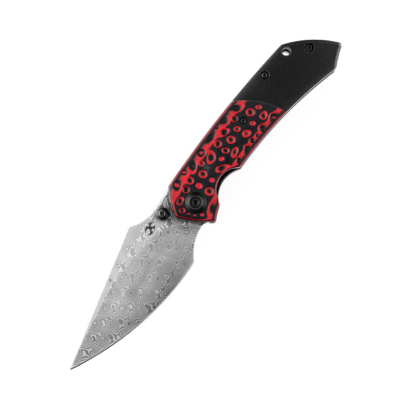 KANSEPT Fenrir Front Flipper/Thumb Stud Knife Black and Red G10  +Titanium Handle (3.48'' Dmascus Blade) Greg Schob Design-K1034A2