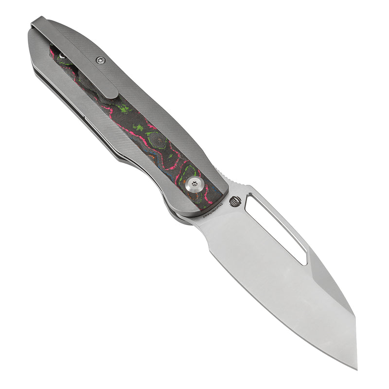 KANSEPT Thunderhead Thumb Hole Stonewashed Titanium with 80S Camo Carbon Fiber Inlay Handle (3.58" CPM S35VN Blade) with K.C. Spiron Design-K1106A4