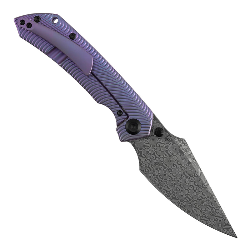 【Preorder】Ship by Dec.20th-KANSEPT Fenrir Frame Lock Purple Anodized Titanium with Micro Milled Water Ripple Texture Handle (3.48'' Damascus Blade) Sparrow Knife Designed- K1034C5
