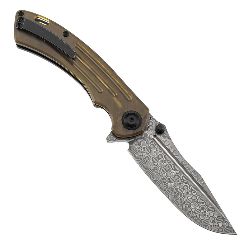 KANSEPT Pretatout Thumb Stub Flipper Amber PEI/Ultem Handle (3.56“ Damascus Blade) with Kmaxrom Design-K1032D4