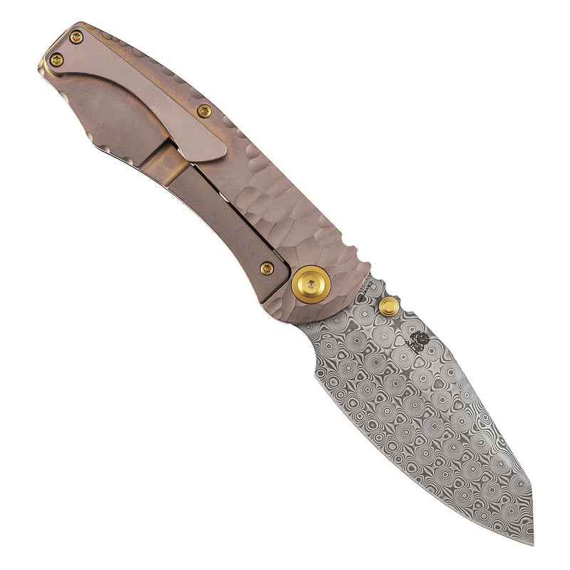 Kansept Caveman | Frame Lock | Rose Gold Anodized and Stonewashed Titanium with CNC-machined Rock Pattern | 3.57" Damascus Blade |  Jesse Pauley Designed | K1110A6