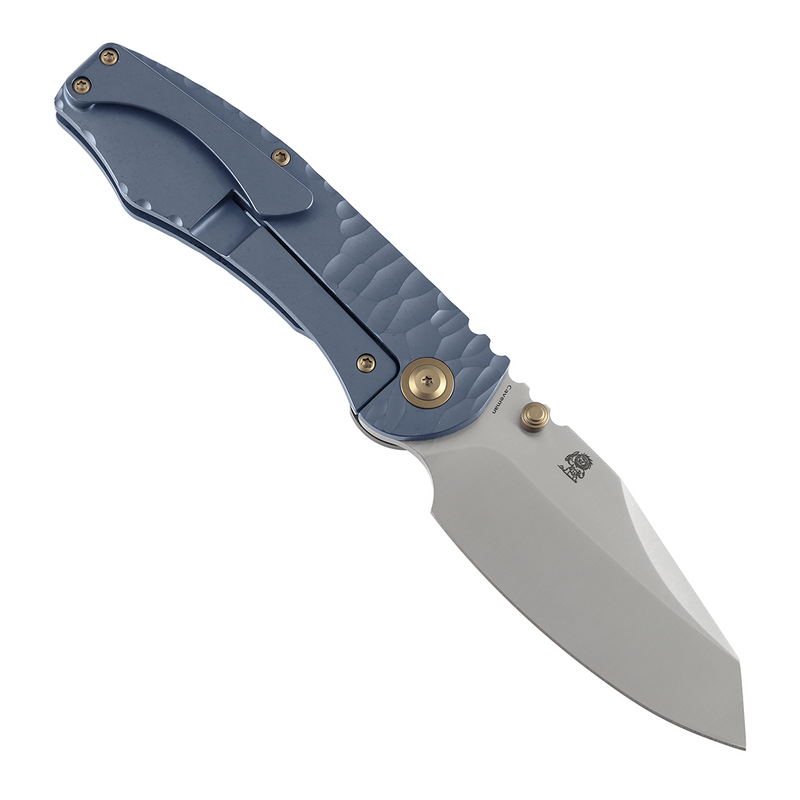 Kansept Caveman | Frame Lock | Blue Anodized and Stonewashed Titanium with CNC-machined Rock Pattern | 3.57" CPM 20CV Blade |  Jesse Pauley Designed | K1110A5