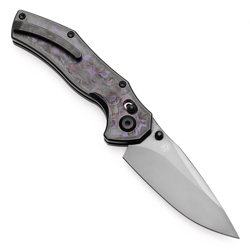KANSEPT Apollo Cross Bar Lock Blackwash Titanium with Purple Haze Fatcarbon Handle (3.11“ Mirror DLC CPM S35VN Blade) with War Blades Design-K2107V4