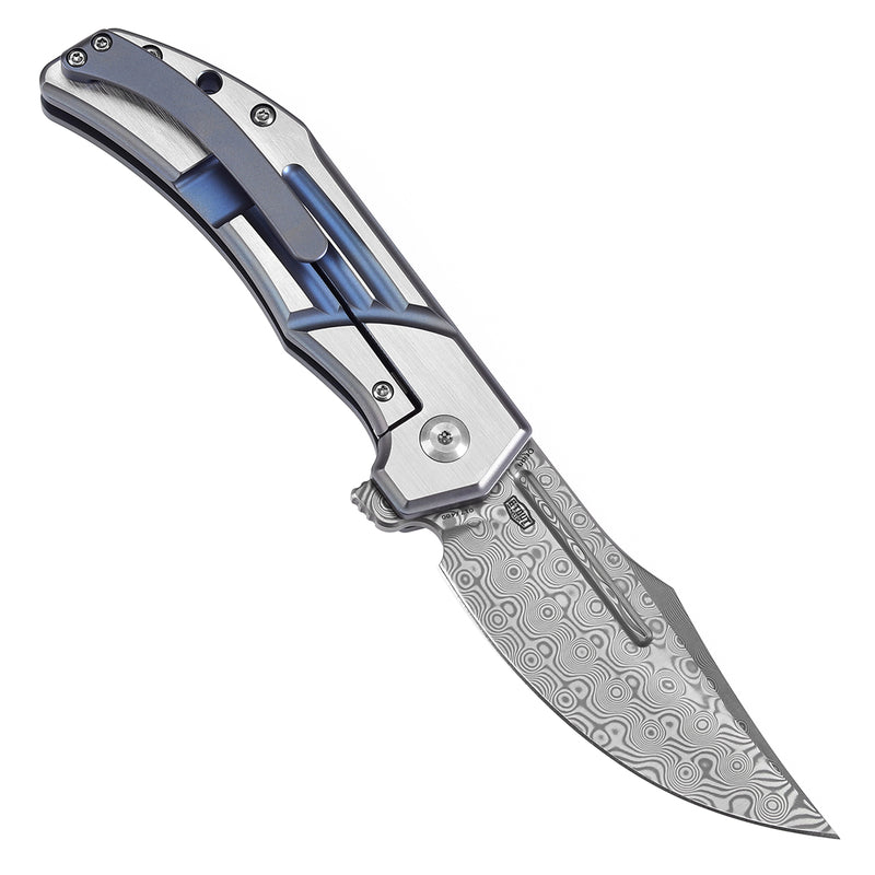 KANSEPT Orion Limited-version Flipper Blue Anodized and Machine Satin Titanium Handle (3.07''Damascus Blade) JB Stout Design -K1089B2