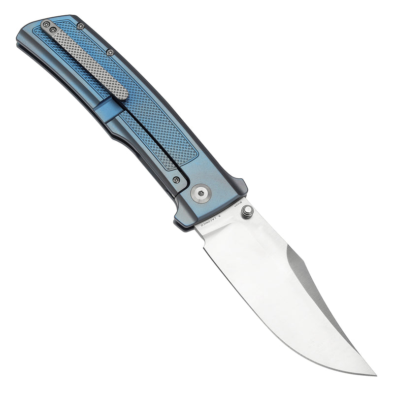 KANSEPT Bison Thumb Stub Blue Anodized Titanium with Frag Pattern Handle (4.25" CPM S35VN Blade) with Ray Laconico Knives Design-K1108A2