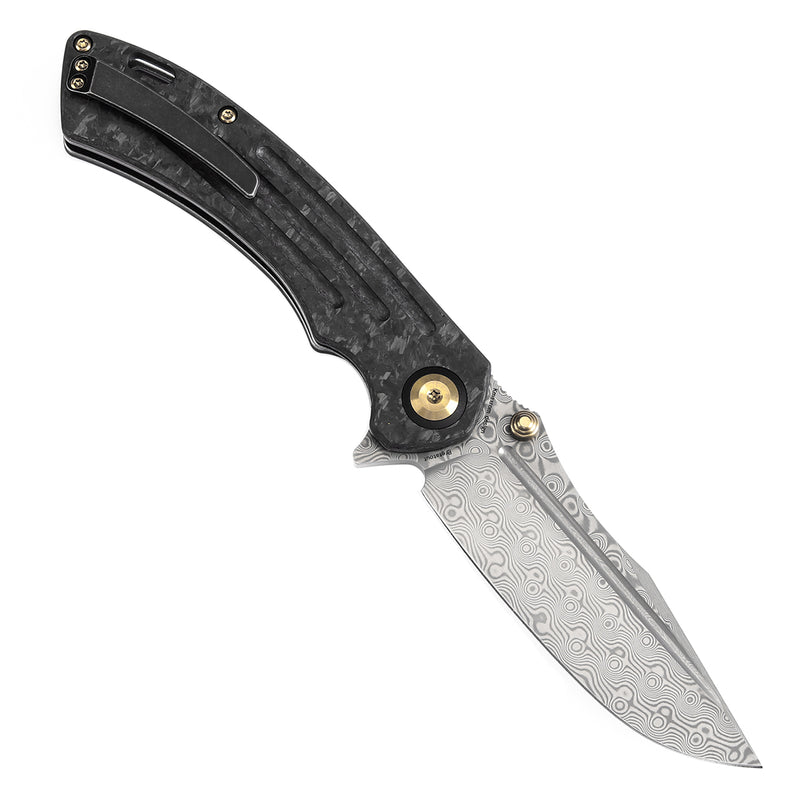 KANSEPT Pretatout Thumb Stub Flipper Shred Carbon Fiber Handle (3.56“ Damascus Blade) with Kmaxrom Design-K1032D2