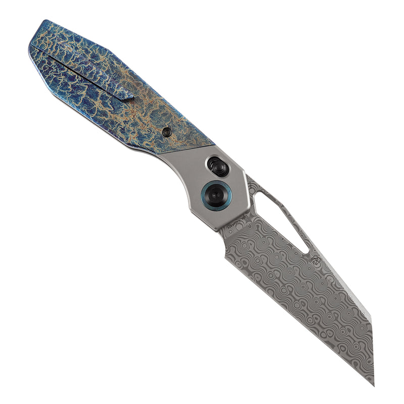 Kansept QTRO | Crossbar Lock | Stonewashed Titanium &  Lightning Strike Finish Ti Inlay | 3.59" Damascus Blade | Luft Concepts Designed |K1118VA2