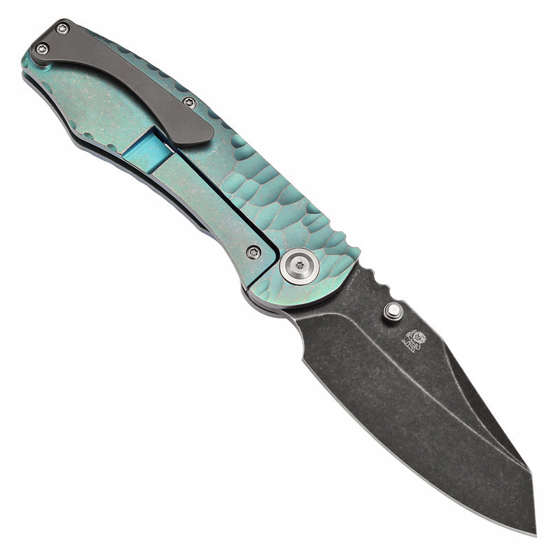 KANSEPT Caveman Thumb Stub Green Anodized and Stonewashed Titanium with CNC-machined Rock Pattern Handle (3.57" CPM 20CV Blade) with Jesse Pauley Design-K1110A3