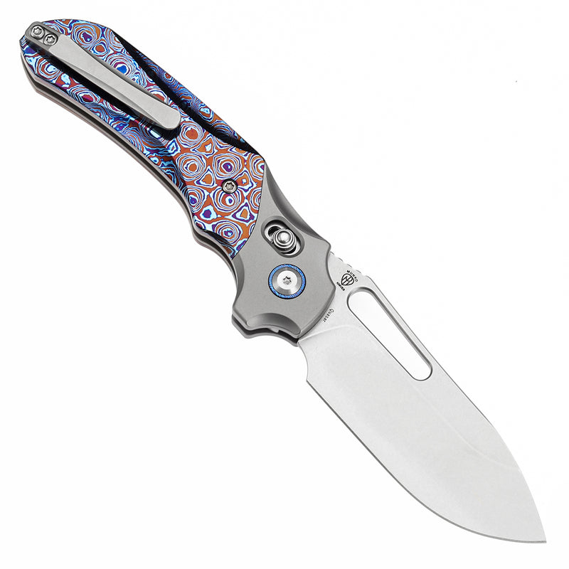 KANSEPT Quasar Cross Bar Lock Stonewashed Titanium and Timascus Handle (3.38" CPM 20CV Blade) with Munko Knives Design-K1099V4