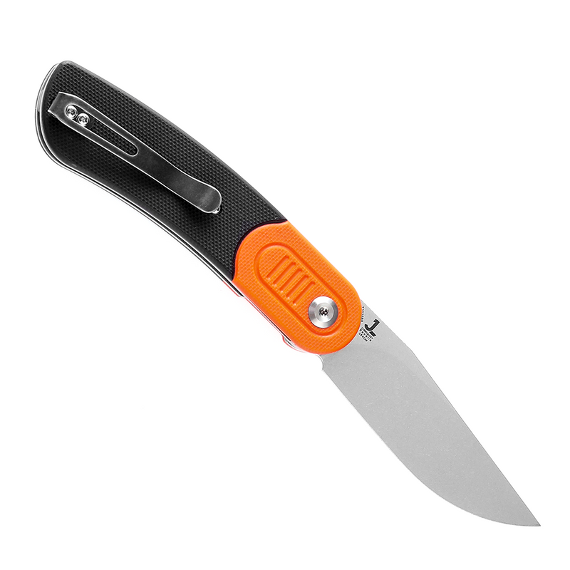 Reverie T2025B8  Stonewashed 154CM Blade Orange and Black G10 Handle Design by Justin Lundquist