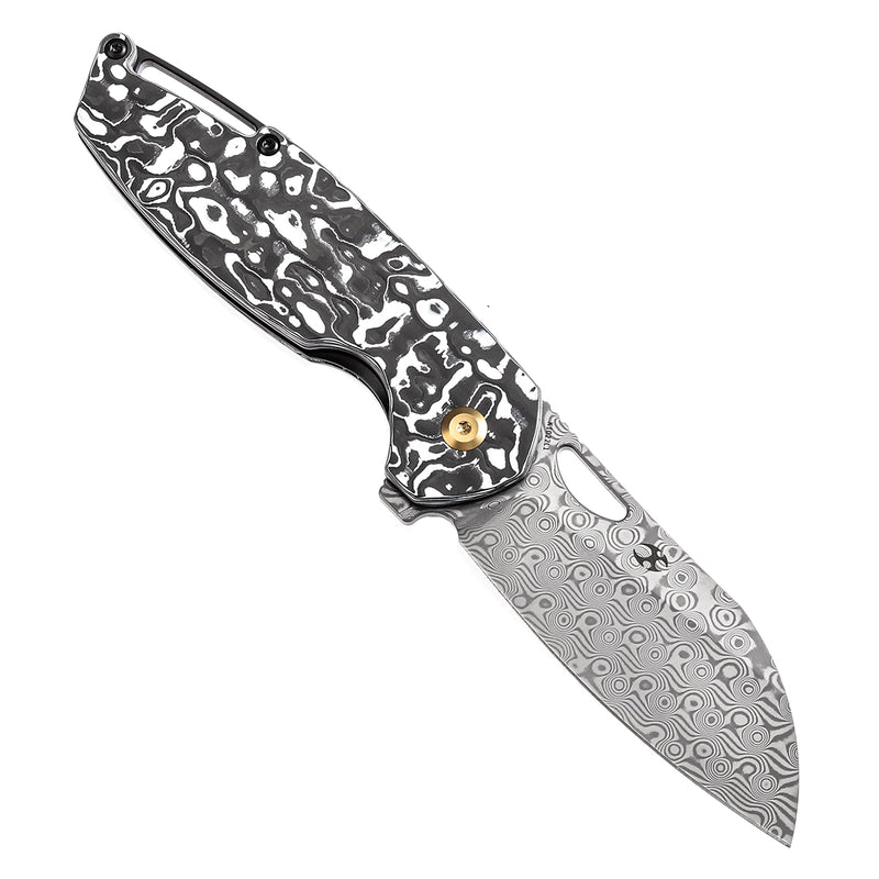 KANSEPT Model 6 Left-handed Flipper/Thumb Hole Knife Black White Carbon Fiber Handle (3.1'' Damascus Blade) -K1022L1