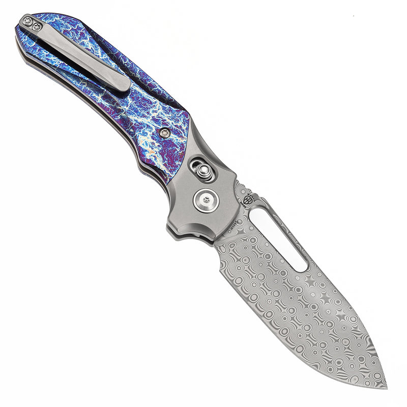 KANSEPT Quasar Cross Bar Lock Stonewashed Titanium and Titanium Inlay with Lightning Strike Finish Handle (3.38" Damascus Blade) with Munko Knives Design-K1099V3