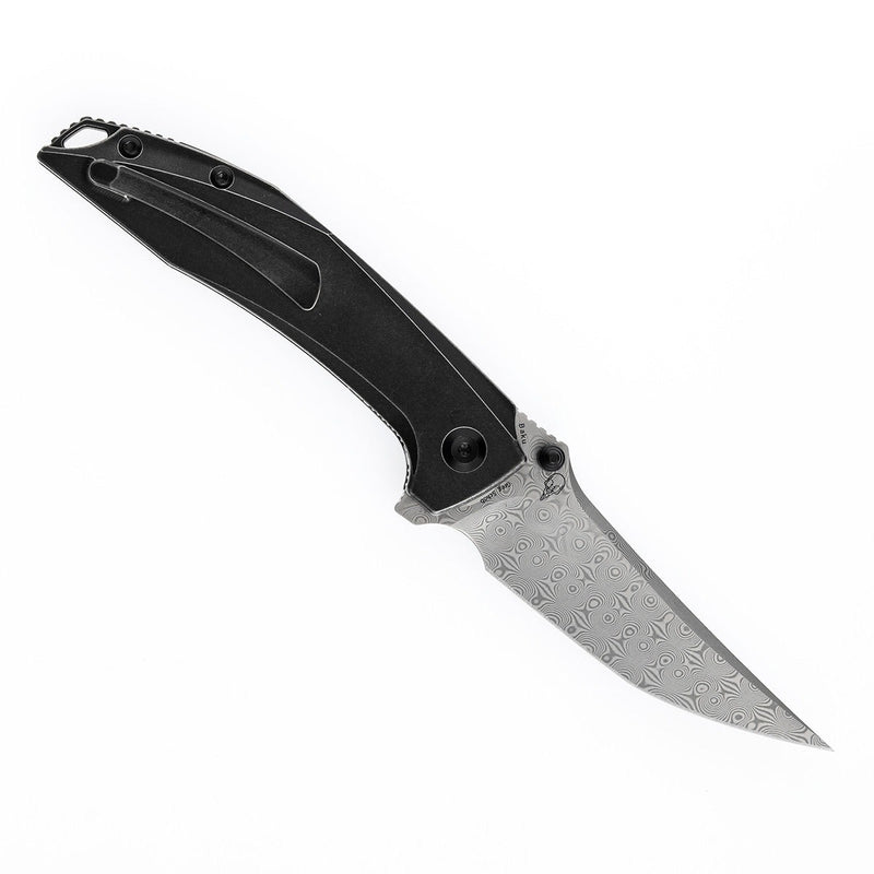 KANSEPT Baku Flipper/Thumb Hole Knife Stonewashed Titanium Handle (3.2'' Damascus Blade)Sparrow Knife Co Design -K1056A5