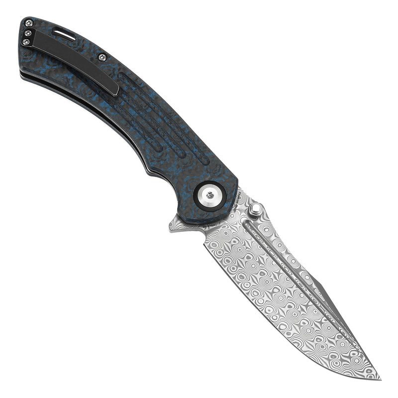 KANSEPT Pretatout Thumb Stub Flipper Blue Rose Pattern Carbon Fiber Handle (3.56“ Damascus Blade) with Kmaxrom Design-K1032A4
