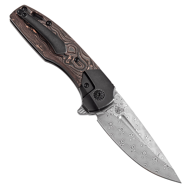 KANSEPT Cassowary Flipper Black Stonewashed Titanium and Copper Carbon Fiber Handle (2.9''Damascus Blade ) Koch Tools Design -K2065B5