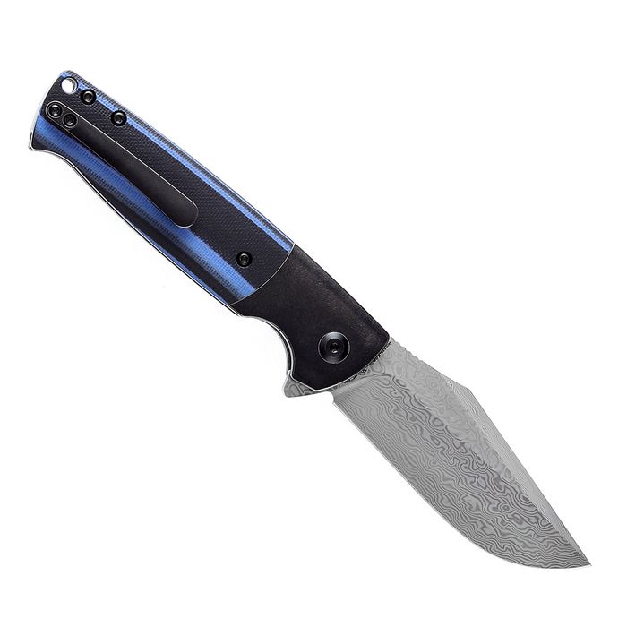 Shikari SBL  Button Lock K2027D2 Damascus Blade Black Stonewashed Titanium +Blue Black G10 Handle with Morgan Koens Dessign