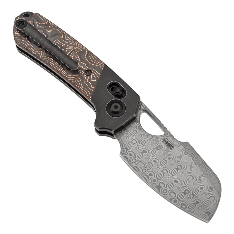 KANSEPT Nahual Crossbar Lock Knife Blackwash Titanium with Copper Carbon Fiber Handle(2.95" Damascus Blade)Javier Garcia Design-K2125V3