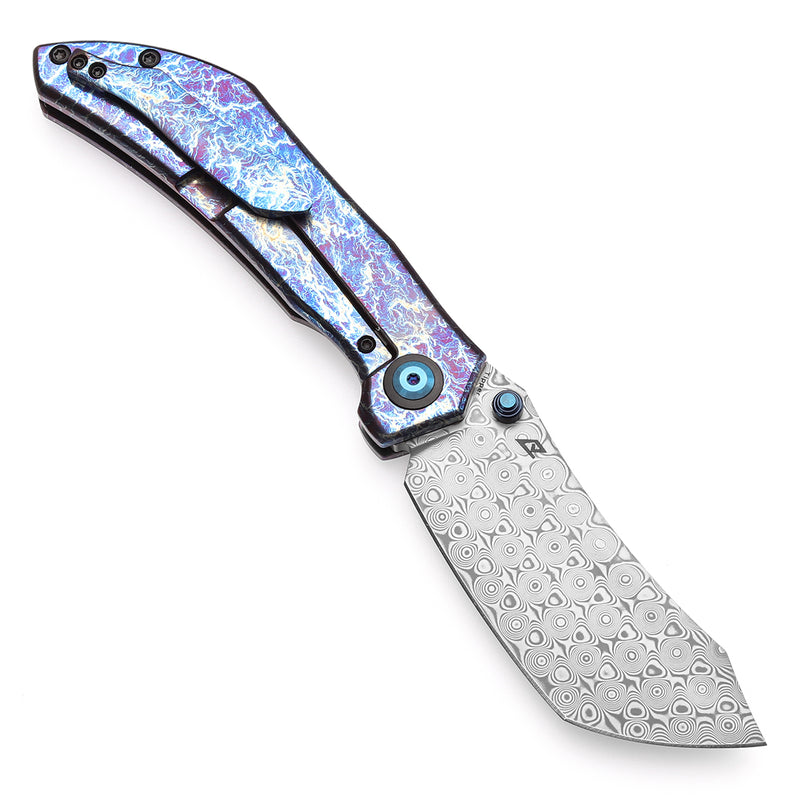 KANSEPT Tipper Thumb Stub Knife Titanium with Lightning Strike Finish Handle(3.38'' Damascus Blade)Edgy Bladeworks Design-K1079A3