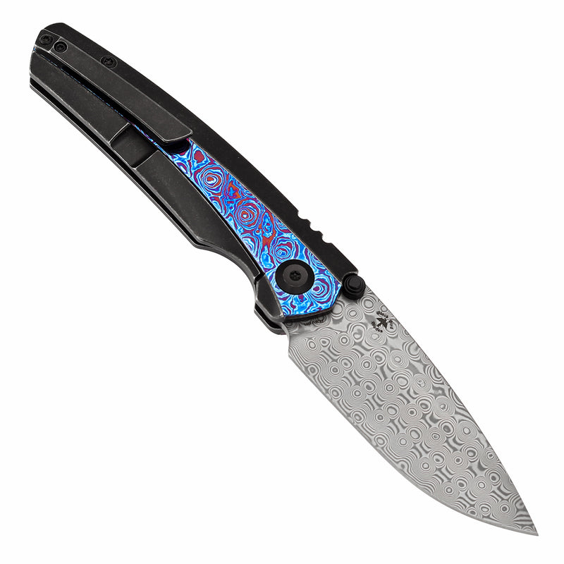 KANSEPT Thumb Stub Raven Blackwash Titanium wtih Timascus Handle (3.13" Damascus Blade) with Black Bird Blades Design-K2109A4