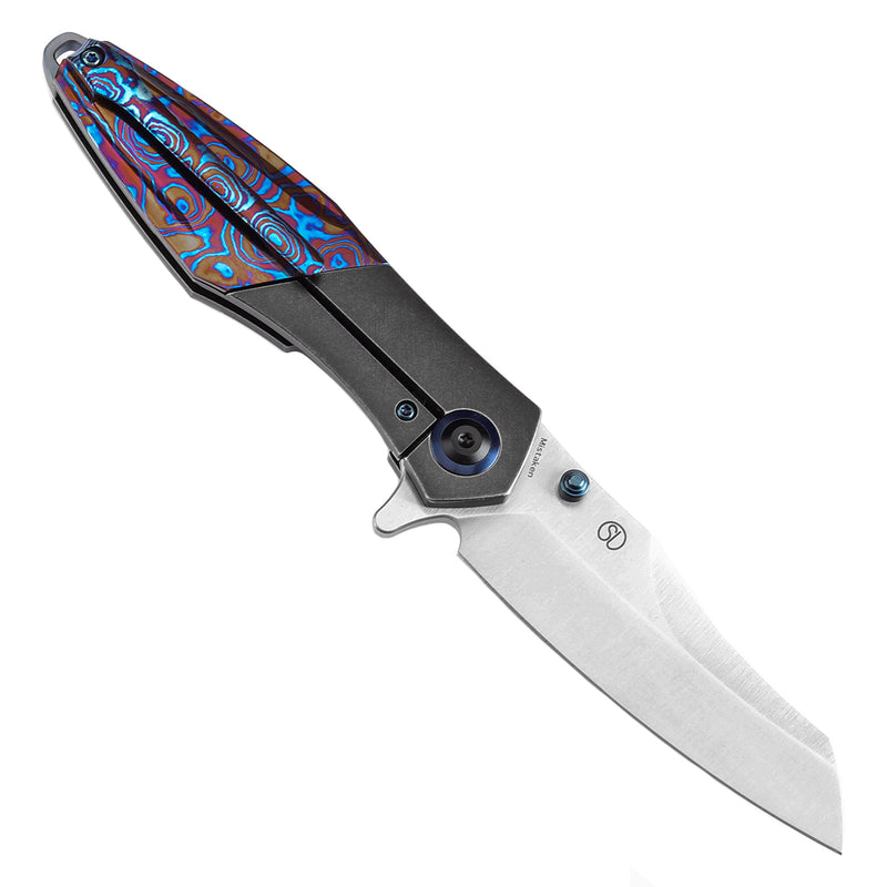 KANSEPT Thumb Stub Mistaken Blackwash Titanium and Timascus with Timascus Clip (3.15" CPM 20CV) Jonathan Styles Design- K1053A3
