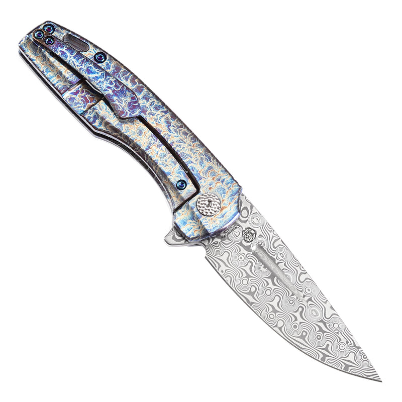 KANSEPT Cassowary Flipper Knife Titanium with Lightning Strike Finish Handle (2.9'' Damascus Blade) Koch Tools -K2065A3