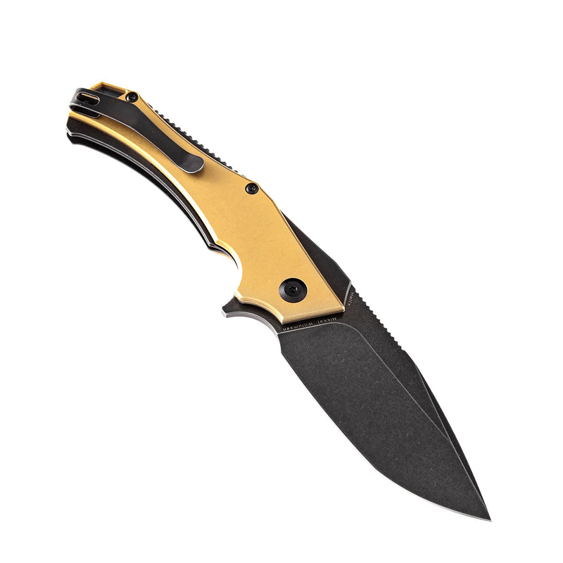 KANSEPT Hellx Thumb Hole Knife Brass Anodized Stainless Steel Handle (3.60"D2 Blade) Mikkel Willumsen Design-T1008B2