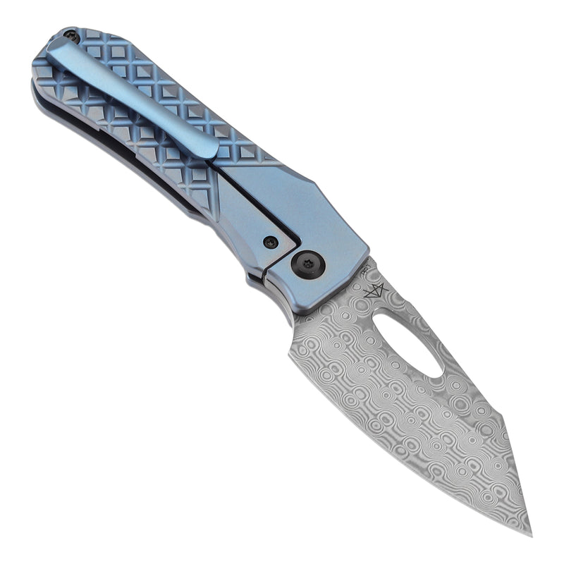 KANSEPT Loki Thumb Hole Knife Blue Anodized Titanium with Frag Pattern Handle (2.99''Damascus Blade)Steven Dunnuck Design-K1058B7