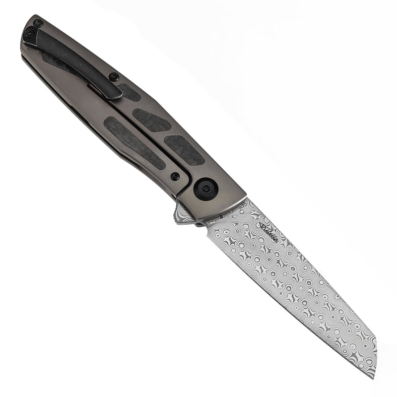 KANSEPT Cru Flipper Knife Bronze Anodized Titanium & Twill Carbon Fiber Handle(3.46''Damascus Blade) Villella Knives Design-K1092A4