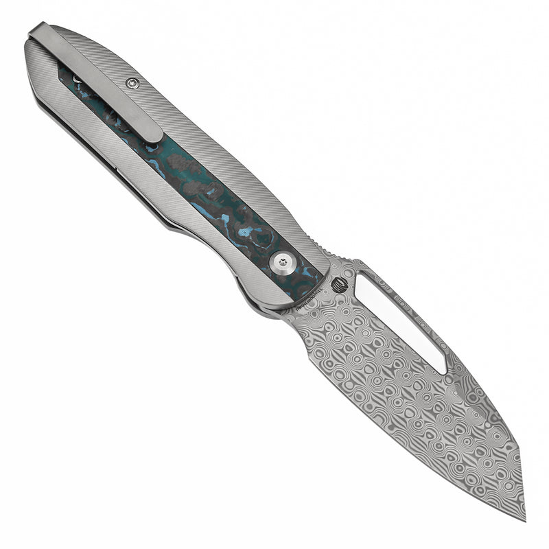 KANSEPT Thunderhead Thumb Hole Stonewashed Titanium with Artic Storm Carbon Fiber Handle (3.58" Damascus Blade) with K.C. Spiron Design-K1106A5