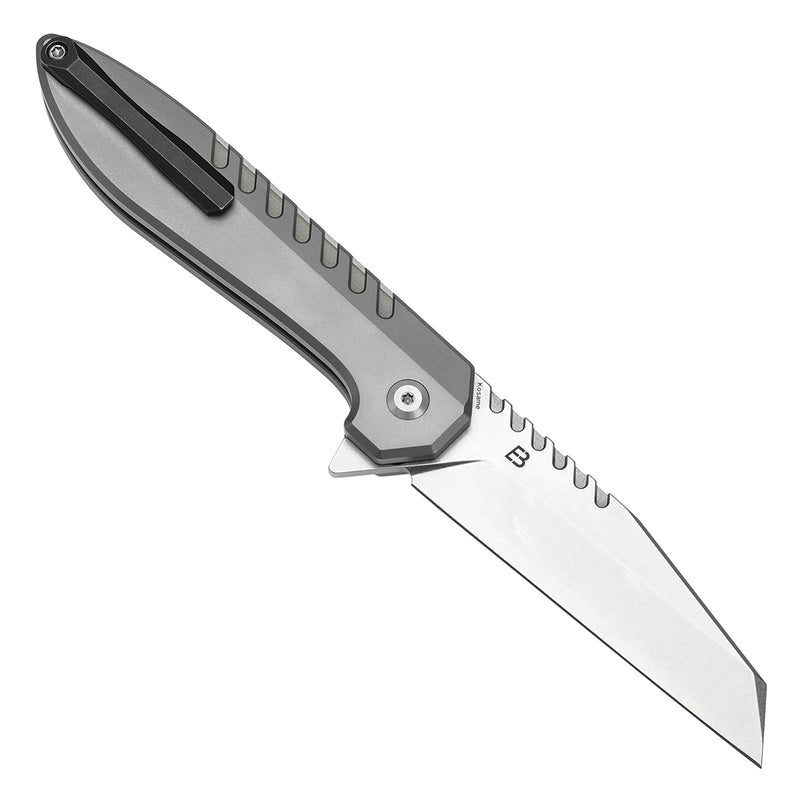 KANSEPT Kosame Button Lock Stonewashed Titanium with Jade G10 Inlay (3.37" 154CM Blade) with EI Spade Design-T1093F6