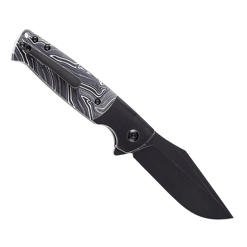 Shikari SBL Button Lock K2027B1 Black Stonewashed CPM S35VN Blade Black Stonewashed Titanium +Black White Gmascus Handle with Morgan Koens Dessign