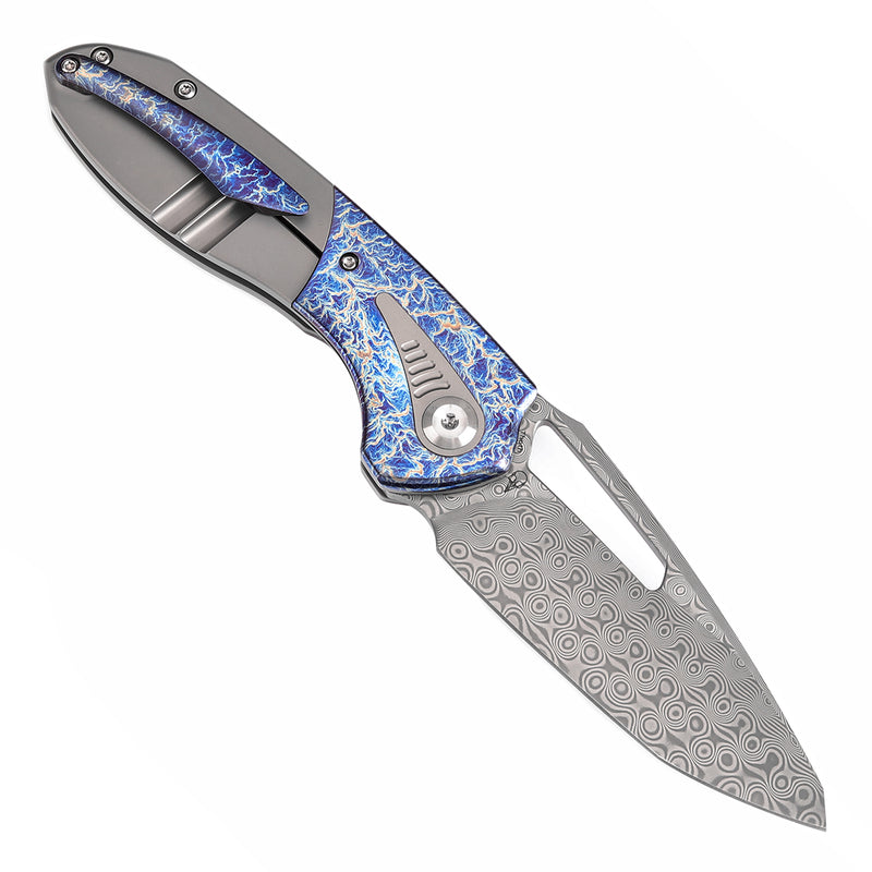 KANSEPT Thoth Thumb Hole Knife Bead Blasted Titanium and Lightning Strike Finished Titanium InlayHandle (3.43''Damascus Blade ) Sparrow Knife Co Design -K1075T5