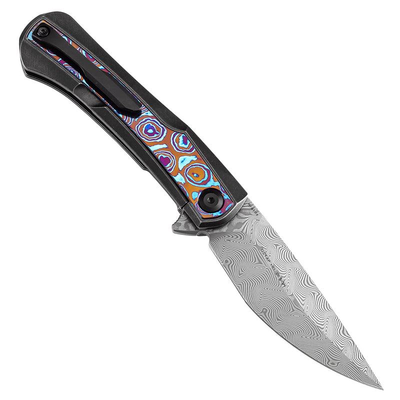 KANSEPT Kratos Flipper Knife Titanium Handle + Timascus Inlay Handle (3.79‘'DamascusBlade)Ostap Hel Design-K1024A10