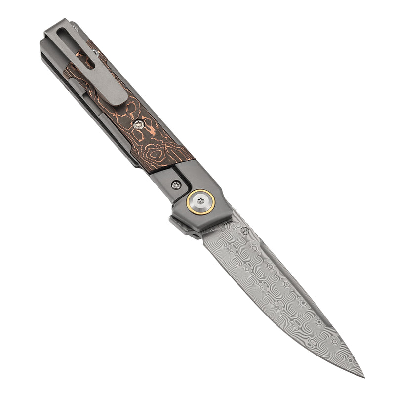 KANSEPT Kitpu Flipper Stonewashed Titanium with Copper Carbon Fiber (2.9" Damascus) Jonathan Styles Design- K2123A5