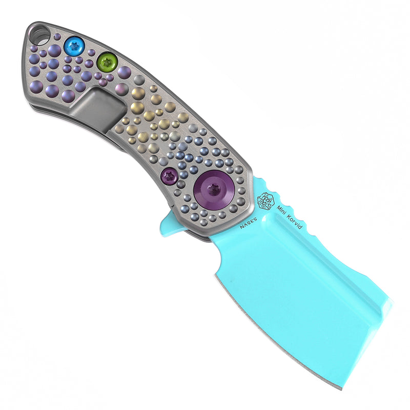 KANSEPT Mini Korvid Flipper knife Gradient Titanium Handle With Dimples Handle (1.45'' Light Blue Coating CPM S35VN Blade ) Koch Tools Design-K3030A10