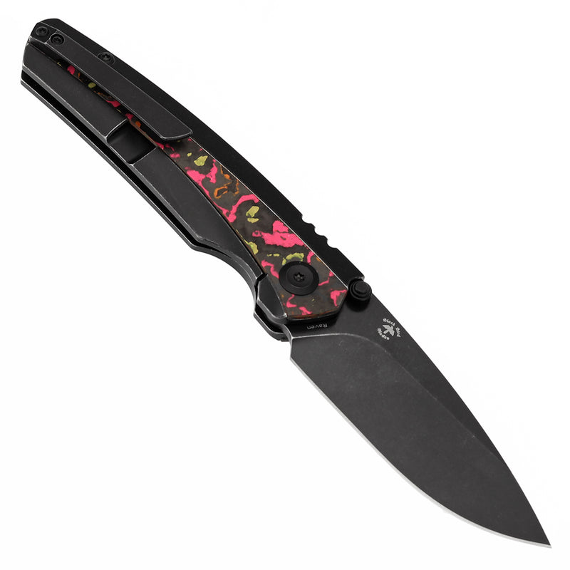 KANSEPT Thumb Stub Raven Blackwash Titanium wtih Flo Party Camocarbon Handle (3.13" CPM 20CV Blade) with Black Bird Blades Design-K2109A6