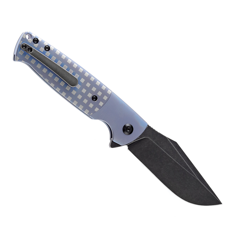 Shikari SBL  Button Lock K2027B2 Black Stonewashed CPM S35VN Blade Blue Anodized Titanium with White Square Pattern Handle with Morgan Koens Dessign