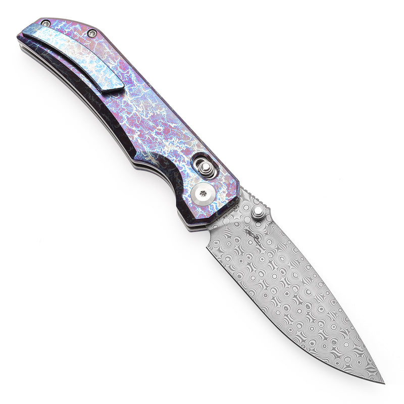 KANSEPT Eaglestrike Crossbar Lock Knife Titanium with Lightning Strike Finish Handle(3.73'' Damascus Blade) James Lowe Design-K1095V1